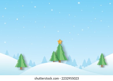 winter landscape with snow and trees. Santa Flying in the night on christmas. Winter lanscape with house, snow and tree. Paper cut vector design. The house in winter is covered with snow.