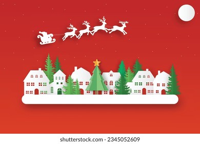 paisaje invernal con nieve y árboles. Santa Flying en la noche de navidad. Paisaje invernal con casa, nieve y árbol. Diseño vectorial de corte de papel. La casa en invierno está cubierta de nieve.