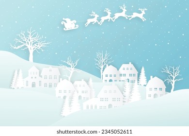 winter landscape with snow and trees. Santa Flying in the night on christmas. Winter lanscape with house, snow and tree. Paper cut vector design. The house in winter is covered with snow.