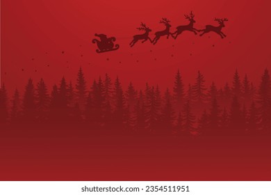 winter landscape with snow and trees. Santa Flying in the night on christmas. Winter lanscape with house, snow and tree. Paper cut vector design. The house in winter is covered with snow