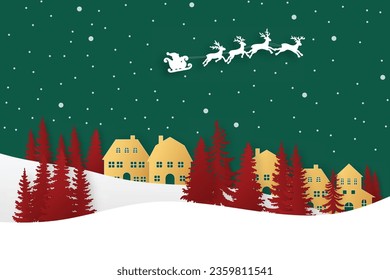 winter landscape with snow and trees. Santa Flying in the night on christmas. Winter lanscape with house, snow and tree. Paper cut vector design. The house in winter is covered with snow