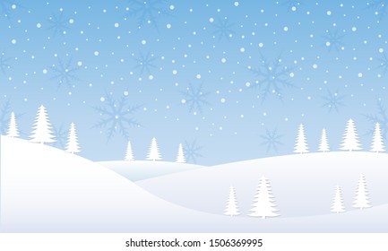 Winter landscape with snow, trees and snowflakes. Christmas and winter holidays background for greeting card design. Vector illustration.