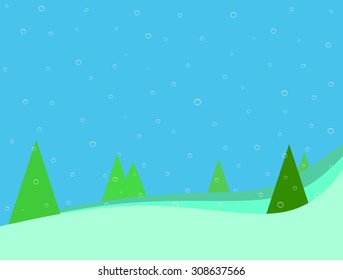 Winter landscape with snow, trees and snowy hill