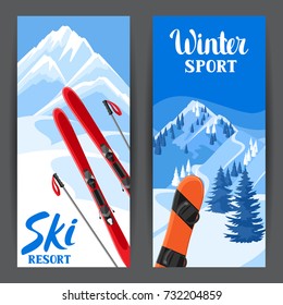 Winter landscape with snowboard. Snowy mountains and fir forest.