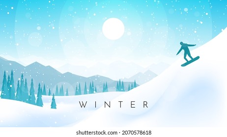 Winter landscape. Snowboarding in the mountains. Adventures, hiking, tourism. Travel concept of extreme, active winter sport. Minimalist polygonal flat design graphic poster. Vector illustration