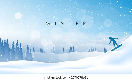 Winter landscape. Snowboarding in the mountains. Adventures, hiking, tourism. Travel concept of extreme, active winter sport. Minimalist polygonal flat design graphic poster. Vector illustration