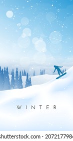 Winter landscape. Snowboarding in the mountains. Adventures, hiking, tourism. Travel concept of extreme, active winter sport. Minimalist polygonal flat design graphic poster. Vector illustration