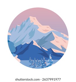 Winter landscape with snow-capped mountains and fir forest bathed in sunset light. Vector illustration in a circle on a white background.