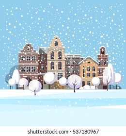  Winter landscape. Snow-covered city  Christmas and new year. Cityscape. Buildings.Vector illustration.