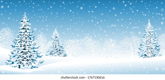 Winter landscape. Snow-covered forest, spruce trees and trees covered with snow. Snow, snowflakes. Winter scene.