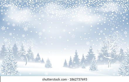 Winterlandschaft. Schneebedeckter Wald, Fichte und schneebedeckte Bäume. Schneefall. Schnee, Schneeflocken. Winterszene.