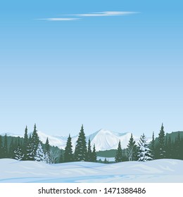 The winter landscape with snow-covered hills and the coniferous forest against the background of mountains, is created on imagination in a format of vector graphics.