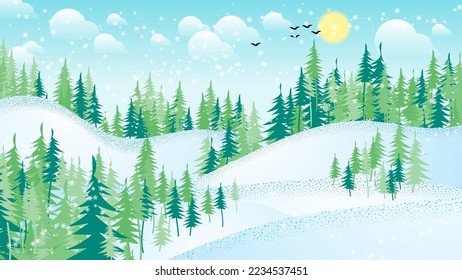 Winter landscape. Snow-covered hills with coniferous trees and falling snowflakes against the sky with the sun, clouds, flying birds. Flat design. Vector.