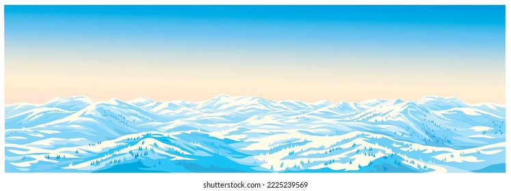 Winterlandschaft mit schneebedeckten Hügeln, die von der Wintersonne beleuchtet werden, Illustration auf einem Hintergrund, Panoramaformat.