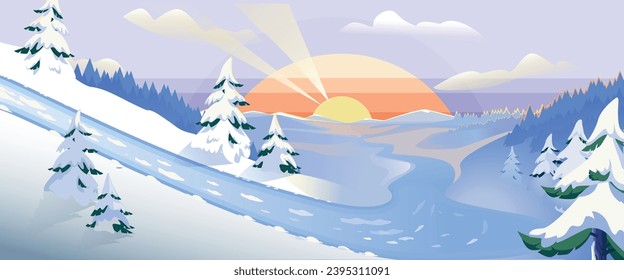 Winter landscape with snow-covered hills illuminated by the winter sun, and standing in the foreground with snow-covered fir trees. Crtoon flat illustration in the panoramic format.