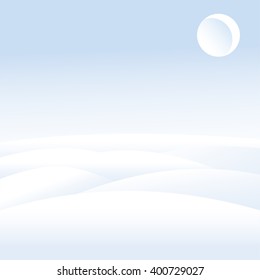 Winter landscape. Snow-covered hills. Month in the sky. Dusk. Winter day. Clear sky. Snow. Blue and white. Vector illustration.