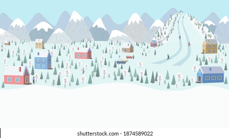 Winter landscape, snow-covered mountain village-houses, cars, Alpine resort, mountain with ski run and lift, skiers and snowboarders. Vector illustration in a flat style with copy space - banner