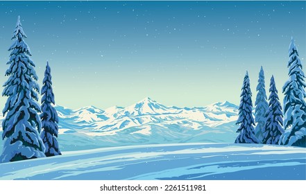 Winter landscape with snow-covered Mountains illuminated by the winter sun, and standing in the foreground with snow-covered fir trees. Vector illustration.