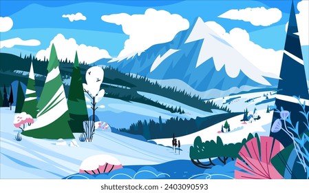 Winter landscape with snow-covered Mountains illuminated by the winter sun, and standing in the foreground with snow-covered fir trees. Vector Vector nature scenery illustration