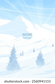 Winter landscape. Snow-covered mountains and trees. Clear frosty day. Realistic silhouettes of fir trees in the foreground. Vector illustration.