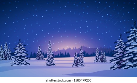 Winter landscape with snow-covered pines, hills on horizon, blue starry sky and snow-covered plains.