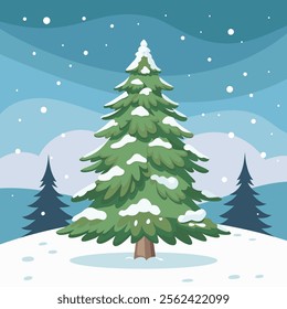 Winter landscape, snow-covered spruce tree in winter forest. Holiday illustration in flat style