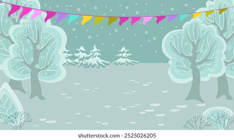 Winter landscape with snow-covered trees, fir trees and bright flags. Snowy park. Winter wonderland. Background with cartoon trees. Frosty forest. Beautiful banner. Vector flat illustration.