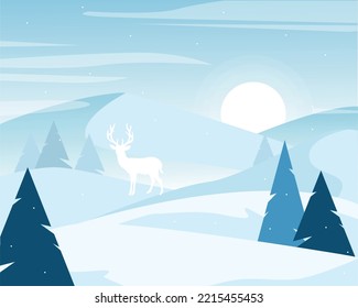 Winter landscape with snowdrift and deer, snowflakes and pine trees