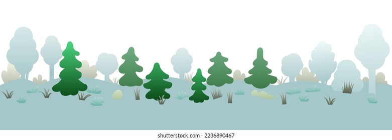 Winter landscape with snowdrifts and snow. Thickets of trees and shrubs. View of white cold nature. Isolated on white background. Horizontally composition. Cartoon fun style. Flat design. Vector