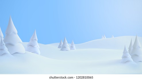 Winter landscape with snowdrifts and snowy fir trees. Vector 3d illustration. Seasonal nature background. Frosty snow hills. Game art concept.