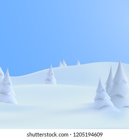 Winter Landscape With Snowdrifts And Snowy Fir Trees. Vector 3d Illustration. Seasonal Nature Background. Frosty Snow Hills. Game Art Concept.