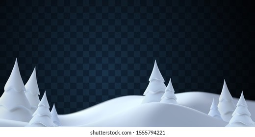 Winter landscape with snowdrifts and snowy fir trees. Vector 3d illustration. Seasonal nature background. Frosty snow hills. Natural decoration isolated on transparent background. Game art concept.