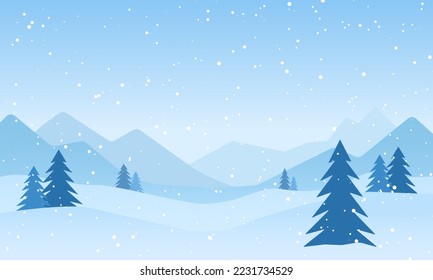 Winter landscape with snowdrifts and snowy fir trees. Vector 3d illustration. Seasonal nature background. Frosty snow hills. Game art concept. Vector illustration: Cartoon Winter snowy Mountains lands