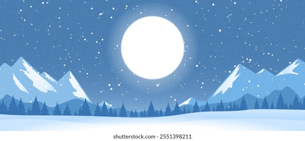 Winter landscape with snowdrifts and snowy fir trees. Vector 3d illustration. Seasonal nature background. Frosty snow hills. Game art concept. Vector illustration: Cartoon Winter snowy Mountains lands