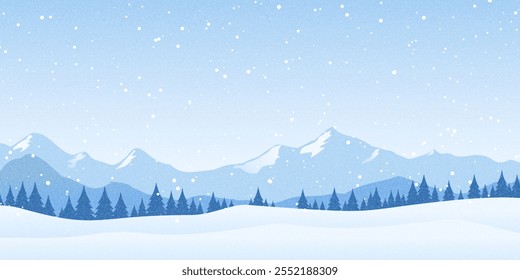 Winter landscape with snowdrifts and snowy fir trees. Vector 3d illustration. Seasonal nature background. Frosty snow hills. Game art concept. Vector illustration: Cartoon Winter snowy Mountains lands