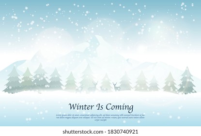 Winter landscape with snowfall in fabulous coniferous forest with snow-capped mountain in the distance. Silhouettes of deer can be seen against the background of the forest. Flat vector illustration.