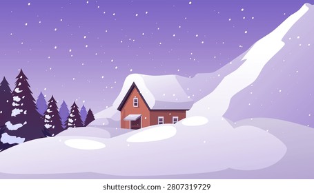 Winter landscape with snowfall and house in a snowdrift. Snow storm avalanche scenery vector flat illustration. Climate cooling, ice weather. Natural disaster. Cartoon village in snowy frosty weather