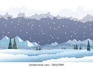 Winter Landscape, Snowfall. Mountains, Clouds, Snowflakes, Fir-trees, falling snow. Snowing Weather vector illustration. Winter holidays background