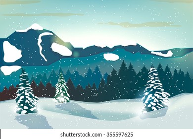 Winter Landscape, Snowfall and Mountains with Snow-covered Trees. Vector illustration