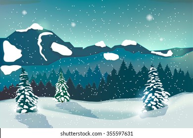 Winter Landscape, Snowfall and Mountains with Snow-covered Trees. Vector illustration