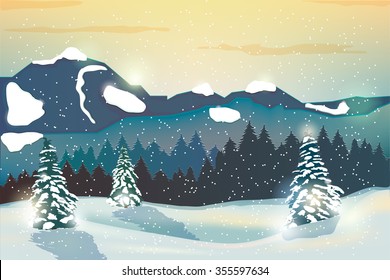 Winter Landscape, Snowfall and Mountains with Snow-covered Trees. Vector illustration