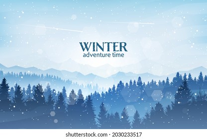 Winter landscape. Snowfall in the mountains. Travel concept of discovering, exploring, observing nature. Hiking tourism. Adventure. Minimalist polygonal flat design graphic poster. Vector illustration