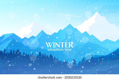 Winter landscape. Snowfall in the mountains. Travel concept of discovering, exploring, observing nature. Hiking tourism. Adventure. Minimalist polygonal flat design graphic poster. Vector illustration