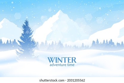 Winter landscape. Snowfall in the mountains. Travel concept of discovering, exploring, observing nature. Hiking tourism. Adventure. Minimalist polygonal flat design graphic poster. Vector illustration