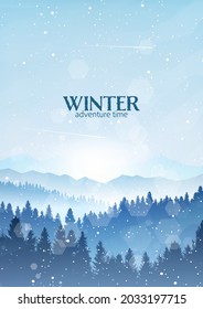 Winter landscape. Snowfall in the mountains. Travel concept of discovering, exploring, observing nature. Hiking tourism. Adventure. Minimalist polygonal flat design graphic poster. Vector illustration