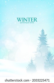 Winter landscape. Snowfall in the mountains. Travel concept of discovering, exploring, observing nature. Hiking tourism. Adventure. Minimalist polygonal flat design graphic poster. Vector illustration