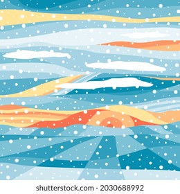 Winter landscape with snowfall on sunset. Abstract fantasy scene. Vector illustration.