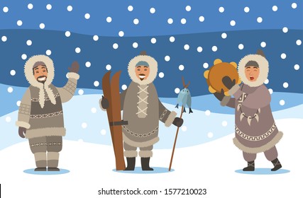 Winter landscape with snowfall and set of eskimos. Man and woman representatives of inuits. Arctic people waving hand, holding ski equipment and hunted fish on stick. Female singing songs vector