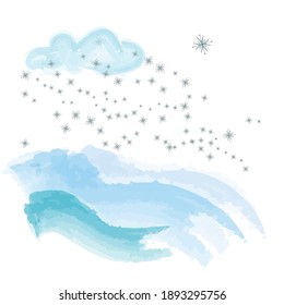 winter landscape, snowflakes fly from blue clouds. vector color illustration.