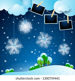 Winter landscape with snowflakes and photo frames. Vector illustration eps10